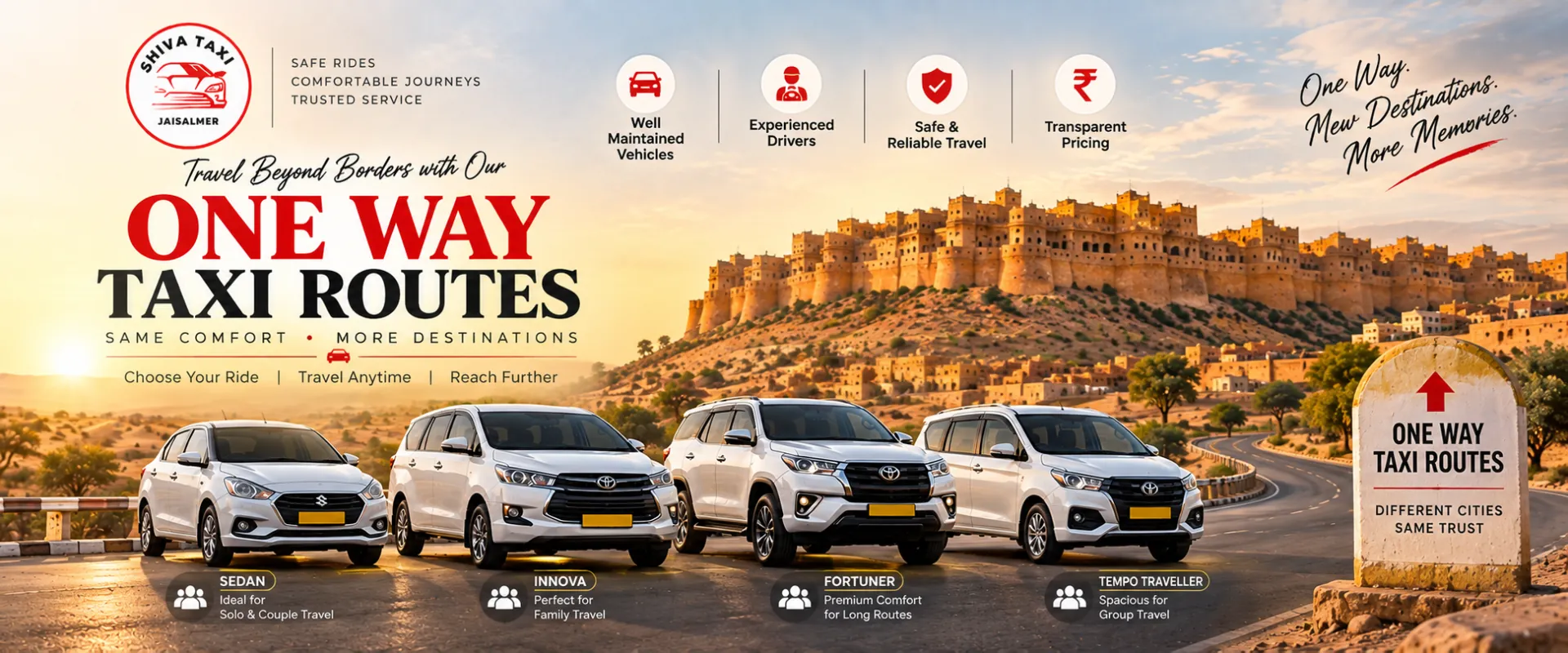 One way taxi routes from Jaisalmer – sedan, Innova, Fortuner and tempo traveller
