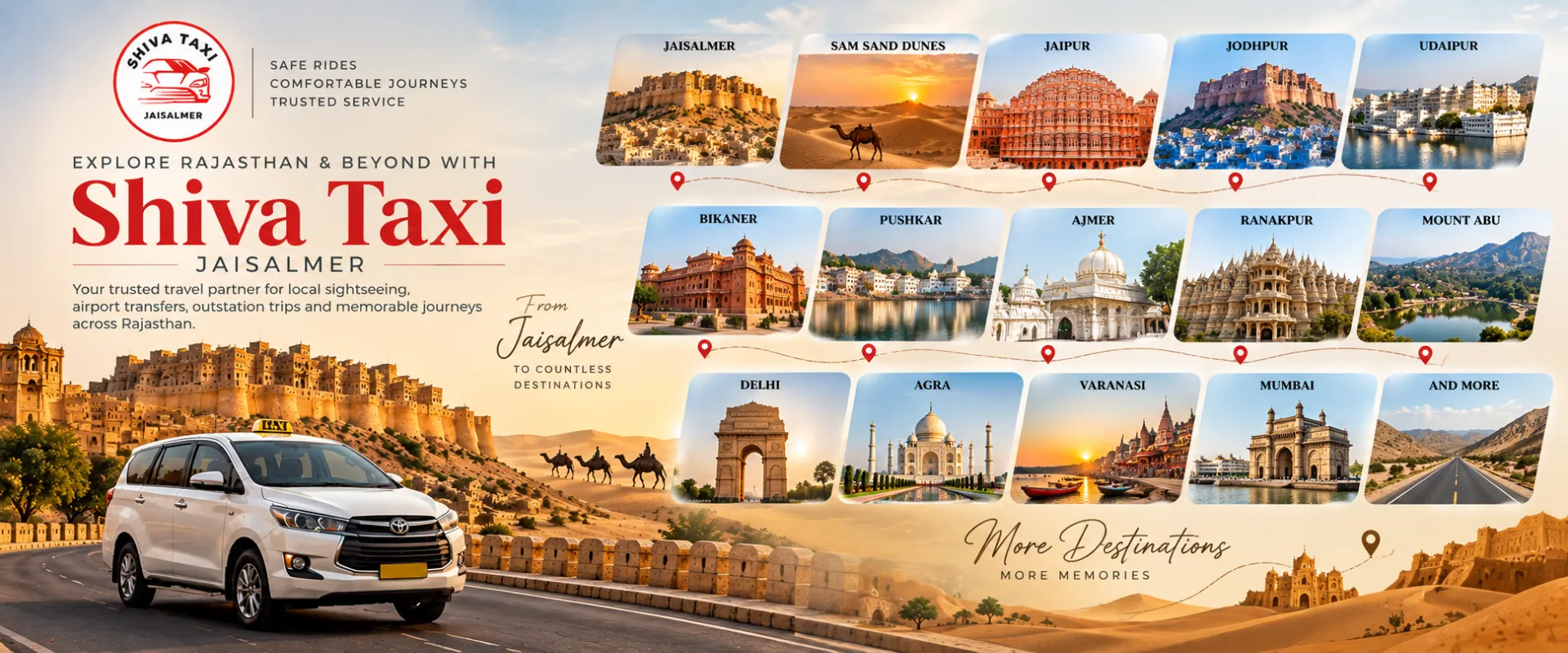 Taxi from Jaisalmer to Jaipur, Jodhpur, Udaipur, Bikaner and more Rajasthan cities