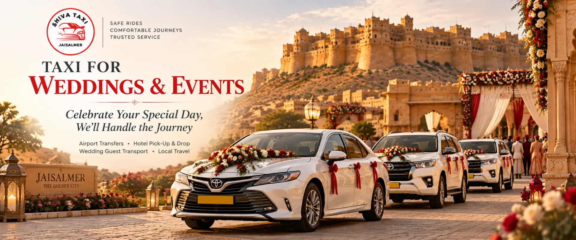 Taxi for weddings and events in Jaisalmer – decorated cars and guest transport